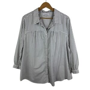 Michael Stars Striped Button Down Shirt 2X Cotton Floral Trim Classic Minimalist
